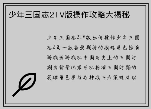 少年三国志2TV版操作攻略大揭秘